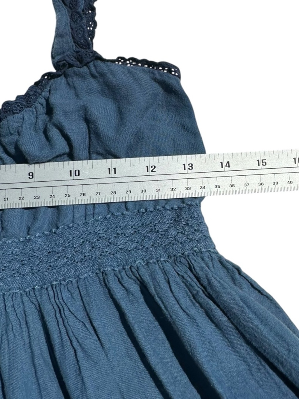 Boho Blue Tiered Babydoll Dress Crochet Lace Trim Smocked Mini Small - Picture 4 of 6